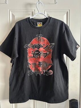 Bape Black Tee with Red Camo Ape Head and Japanese Script